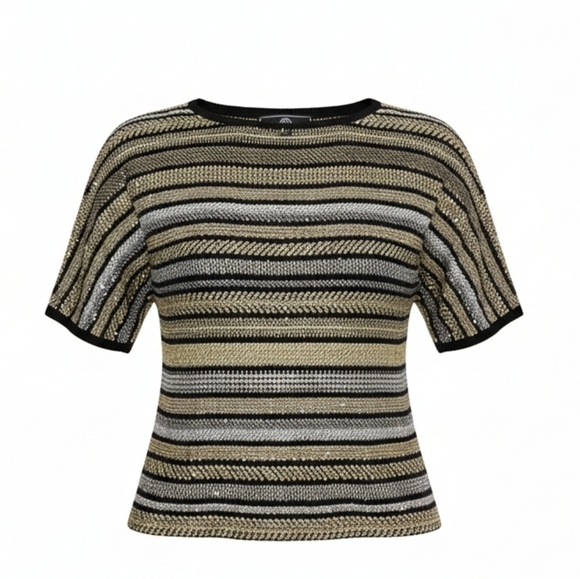 St. John Tops - St. John Sport Striped Sequined Crewneck Top In Black, Gold, And Silver Sz Small